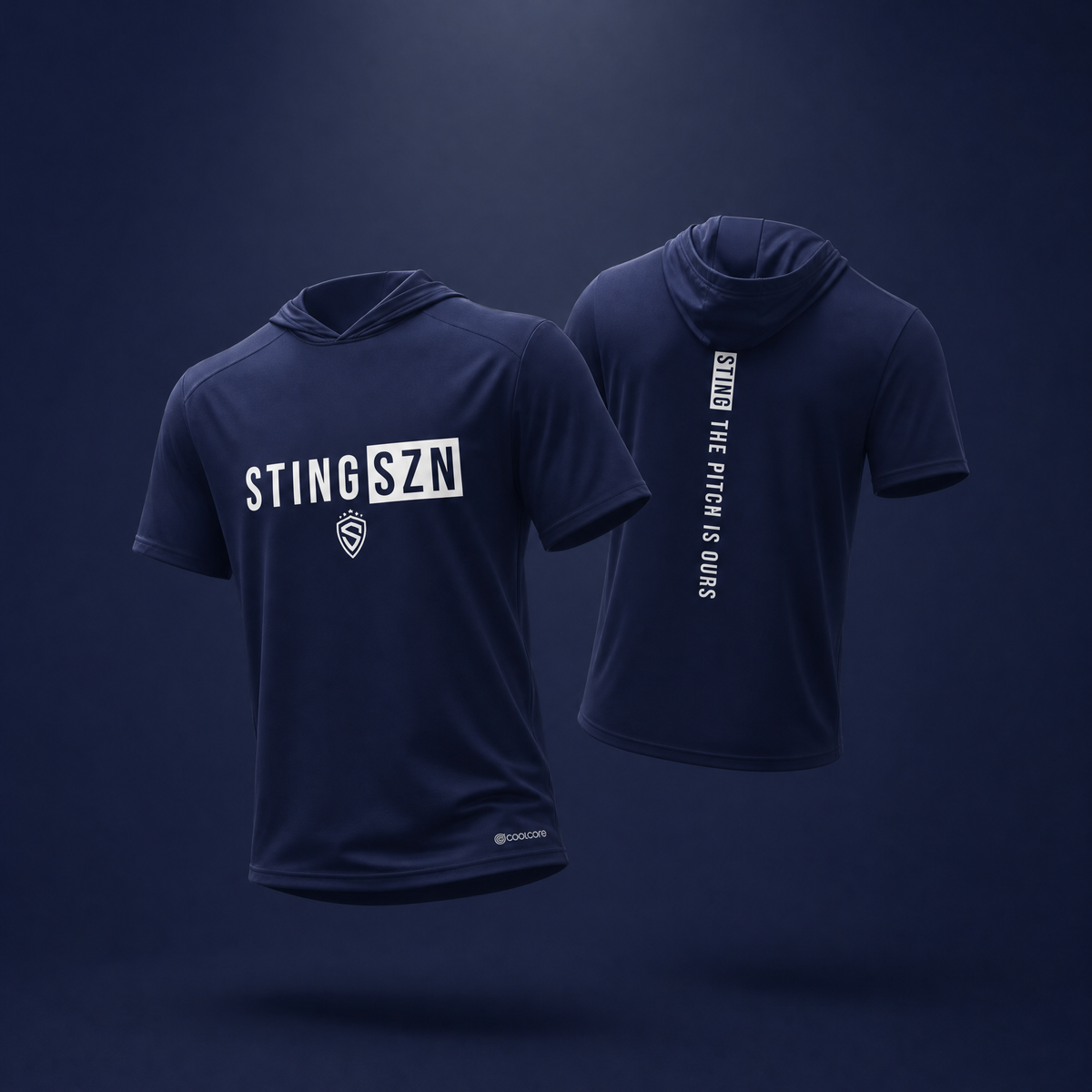 Sting SZN | Pitch Is Ours Coolcore Hoodie | Navy – White, back view
