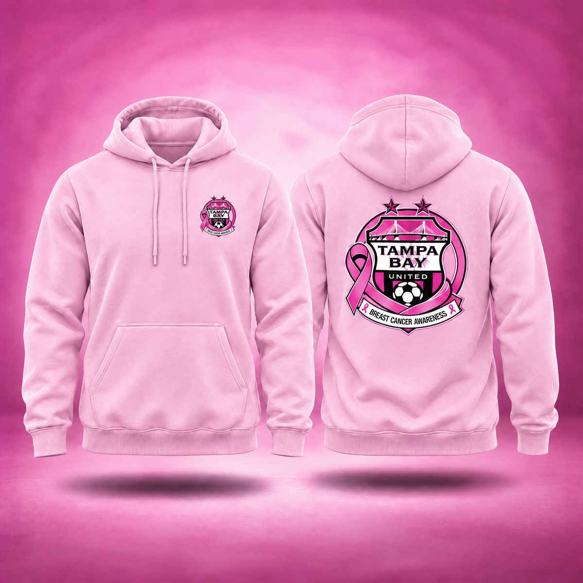 Light pink TBU x BCA hoodie with breast cancer awareness crest, front and back views