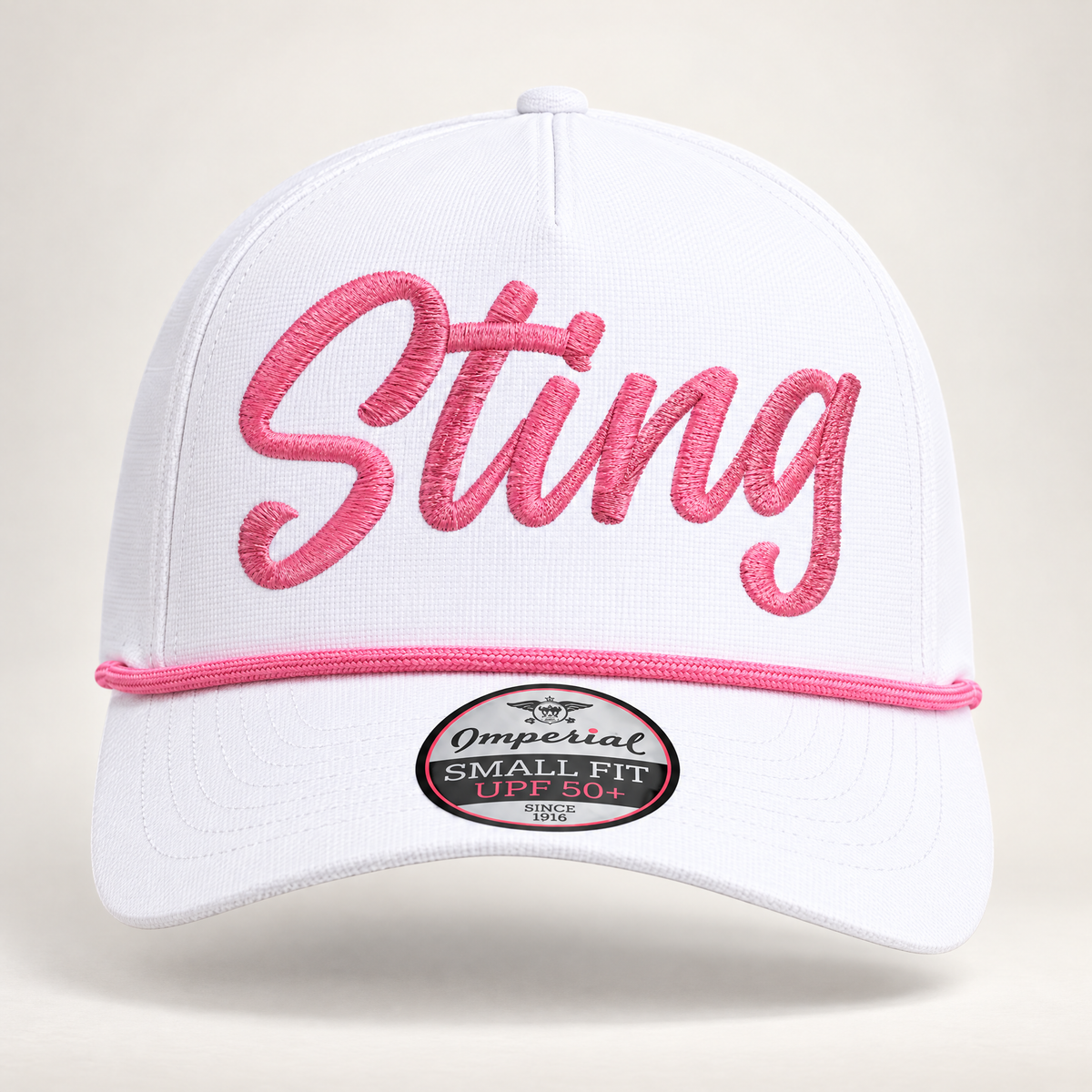 Sting Soccer Club white rope cap with pink script logo, front view