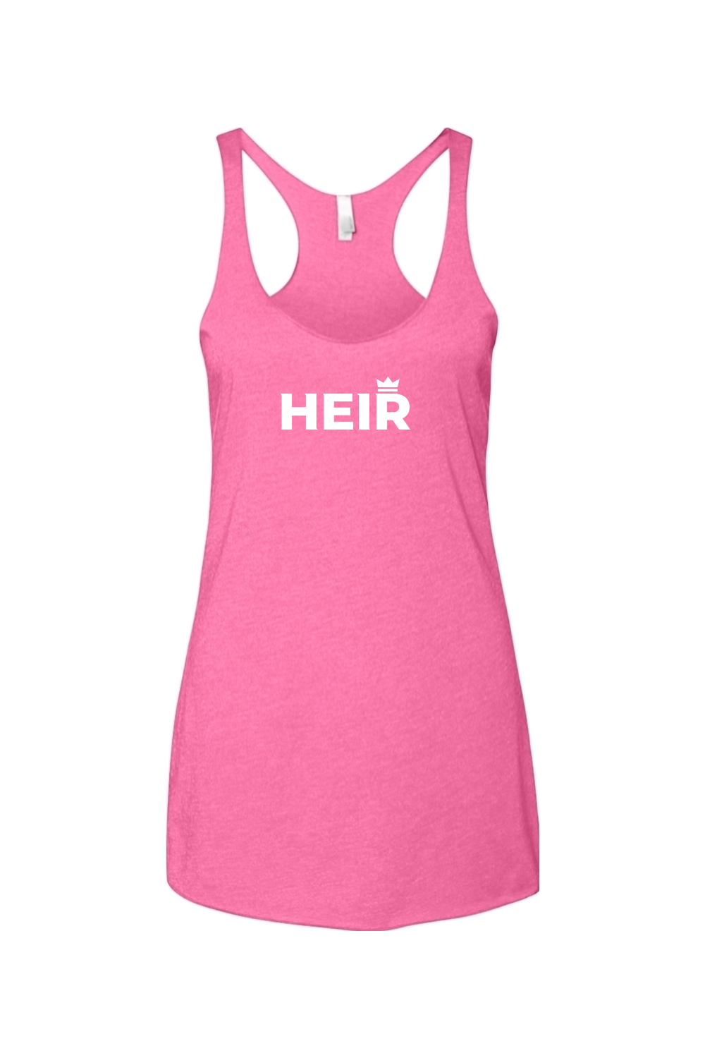 Pink tank top with 'HEIR' printed on it against a white background