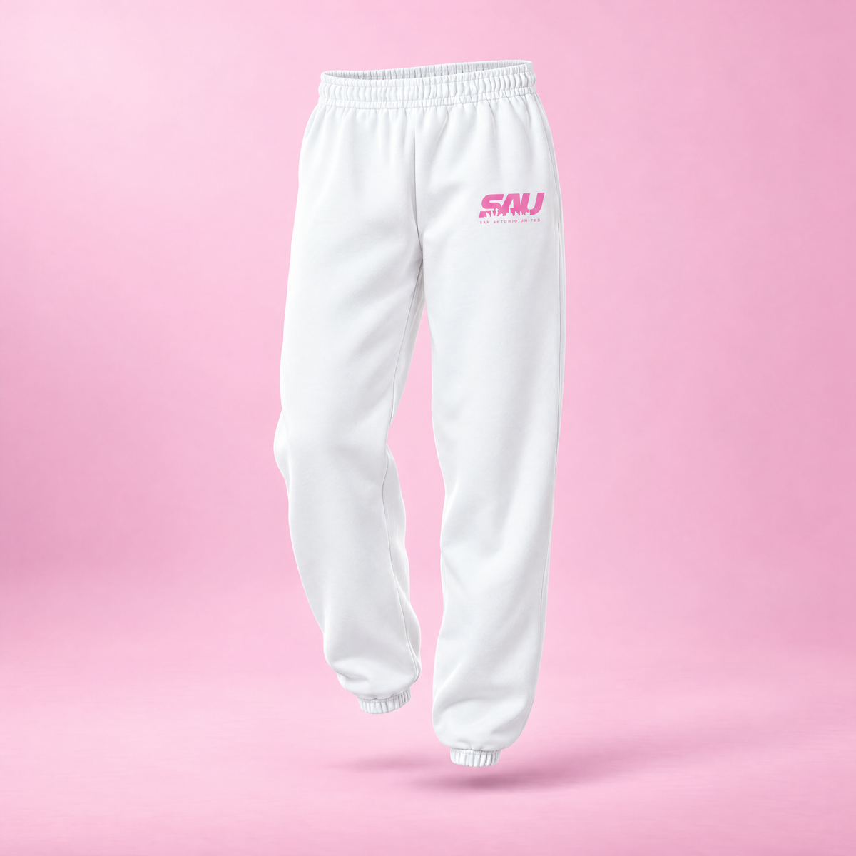 San Antonio United white sweatpants with pink logo, front view
