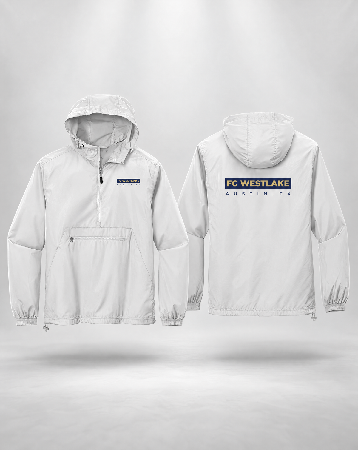FC Westlake white packable anorak, front and back views