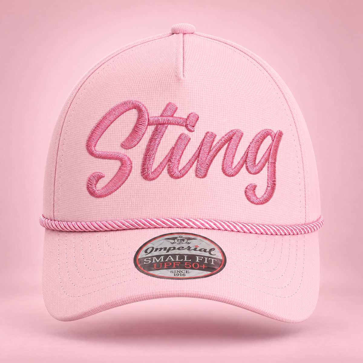 Sting Soccer Club pink rope cap with script logo, front view