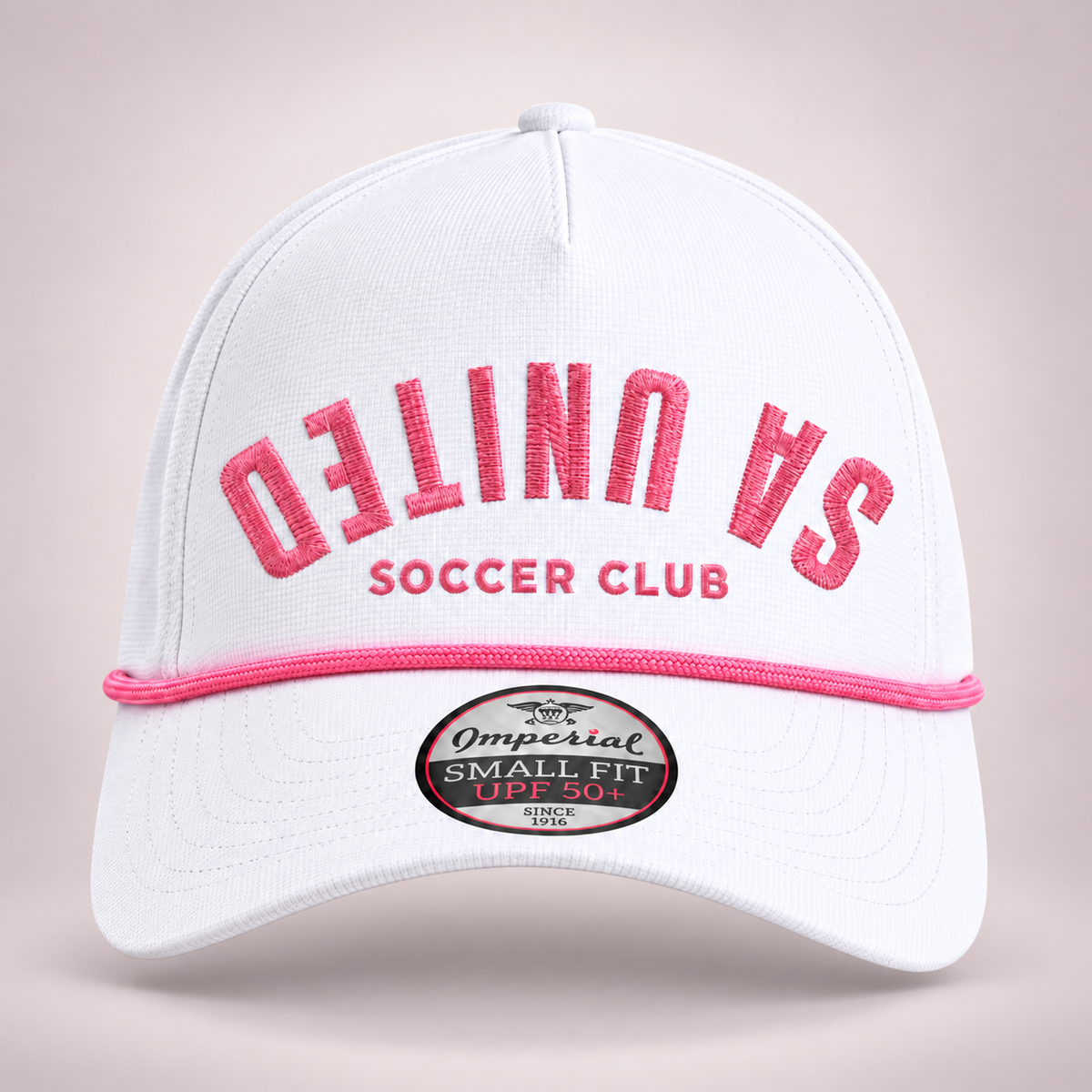 San Antonio United white rope cap with pink wordmark, front view