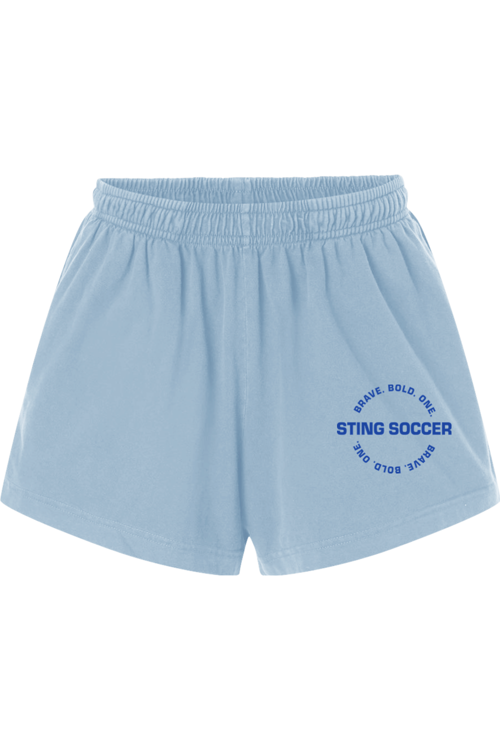 Light blue shorts with 'Sting Soccer' text on a white background