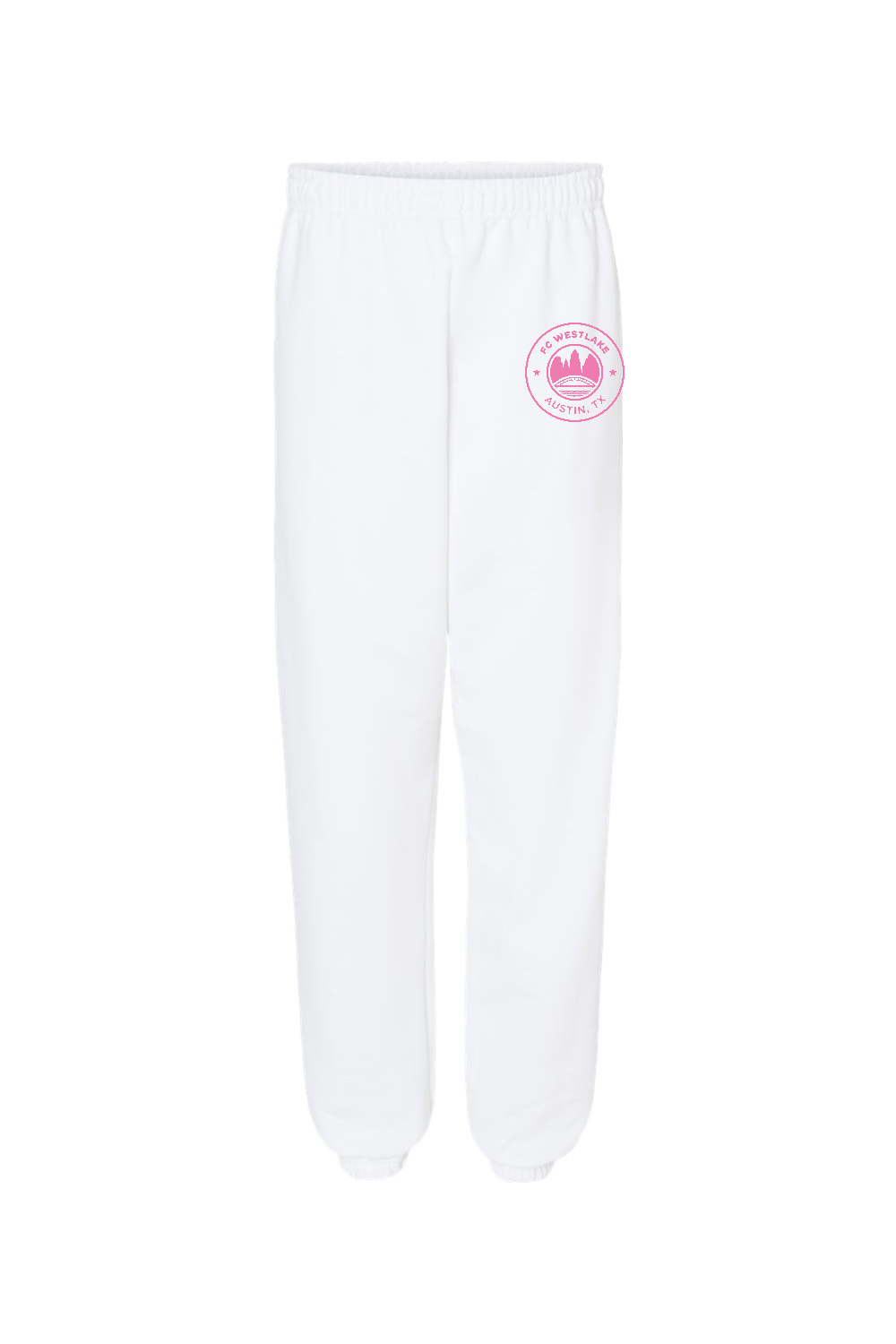 FC Westlake white sweatpants with pink crest, front view