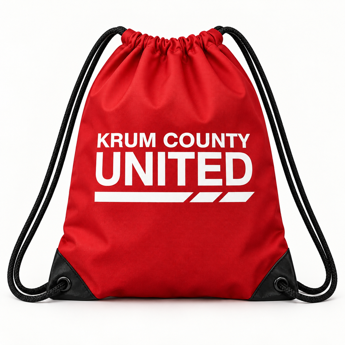 Red drawstring bag with black cords and white Krum County United Matchday lettering on the front.