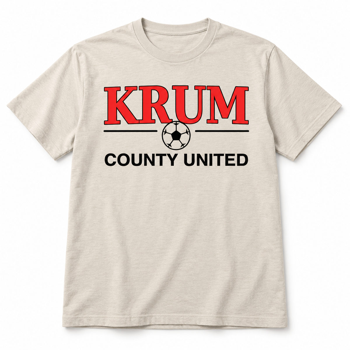 Stone men's Krum County United T-shirt with red collegiate lettering and a black soccer ball graphic.