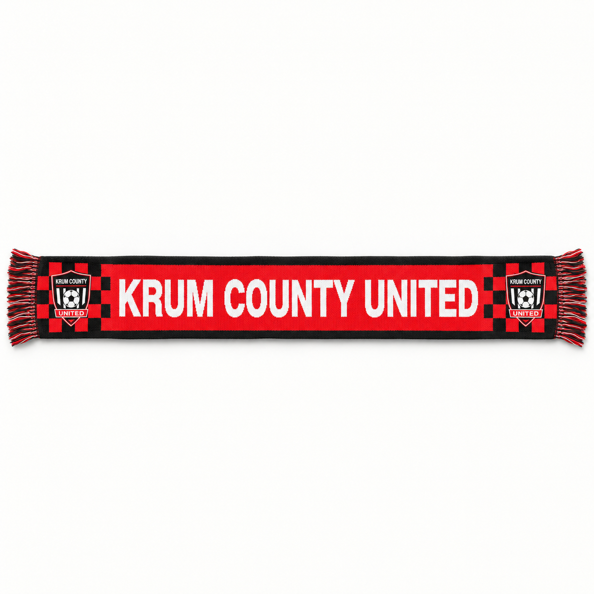 Red and black Krum County United supporter scarf with white club lettering, crest ends, and fringe.